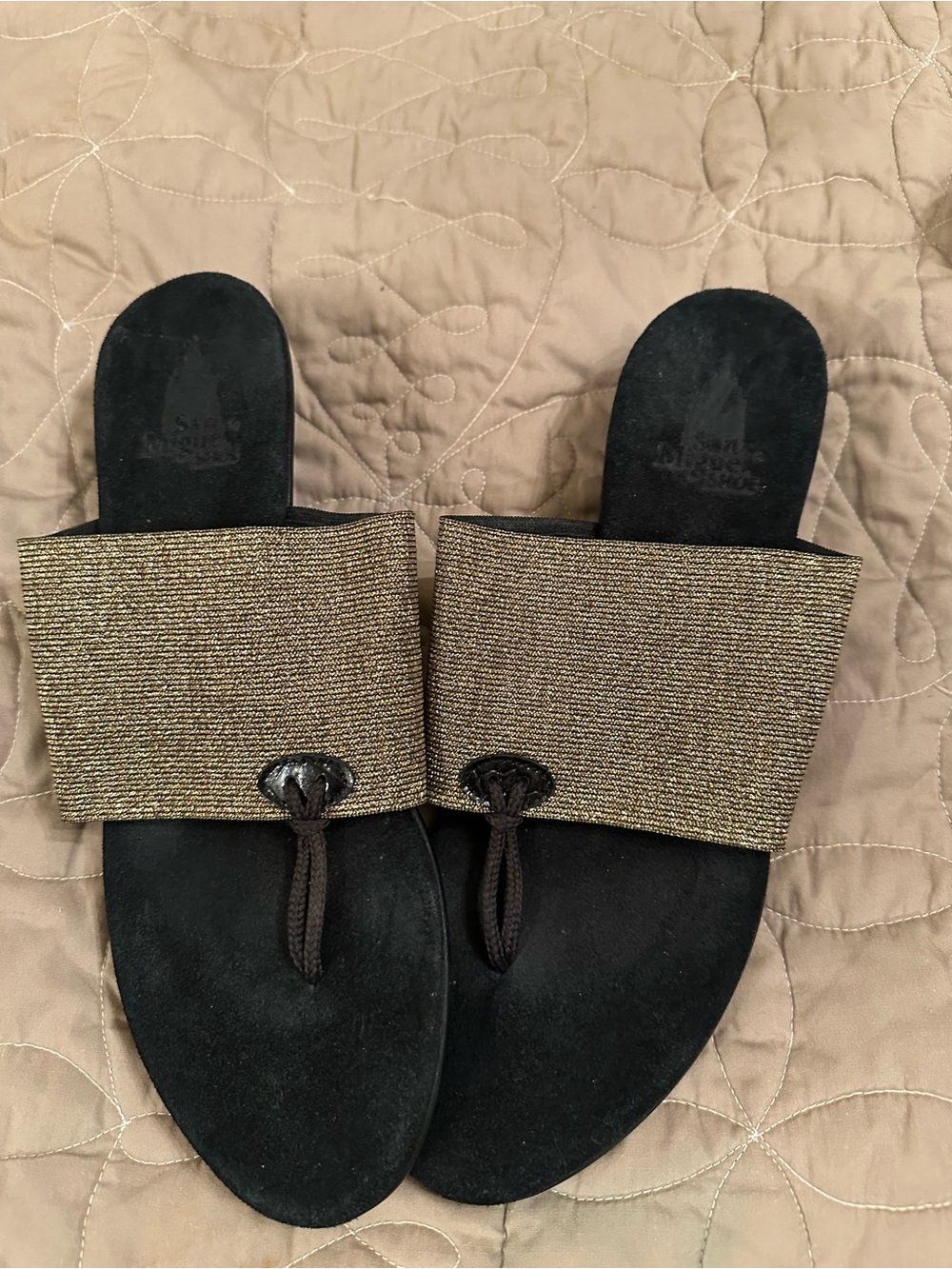 Black and Gold Wide-Band Slide Thong Sandals